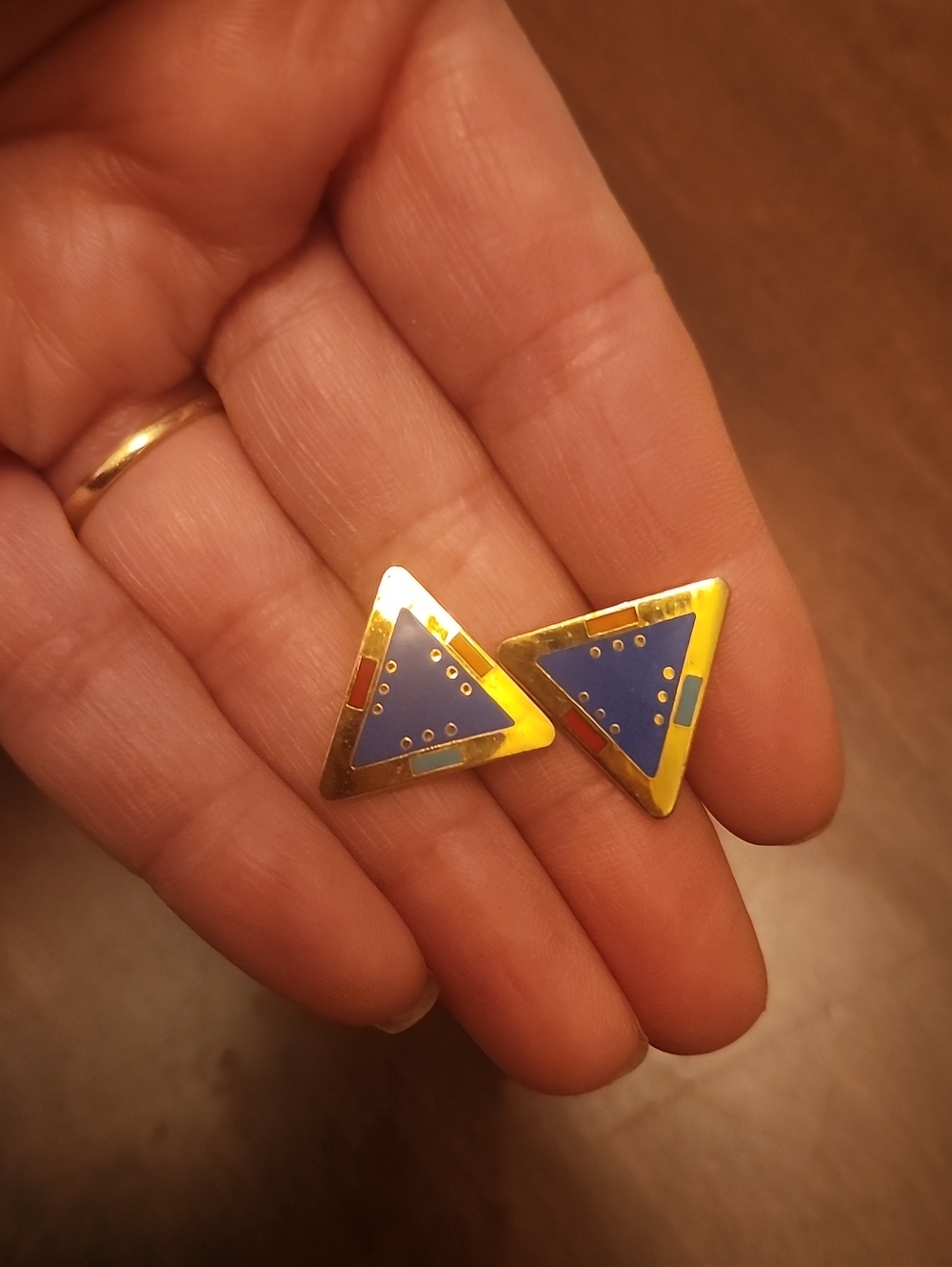 Gold Triangle Blue Enamel Stud Earrings